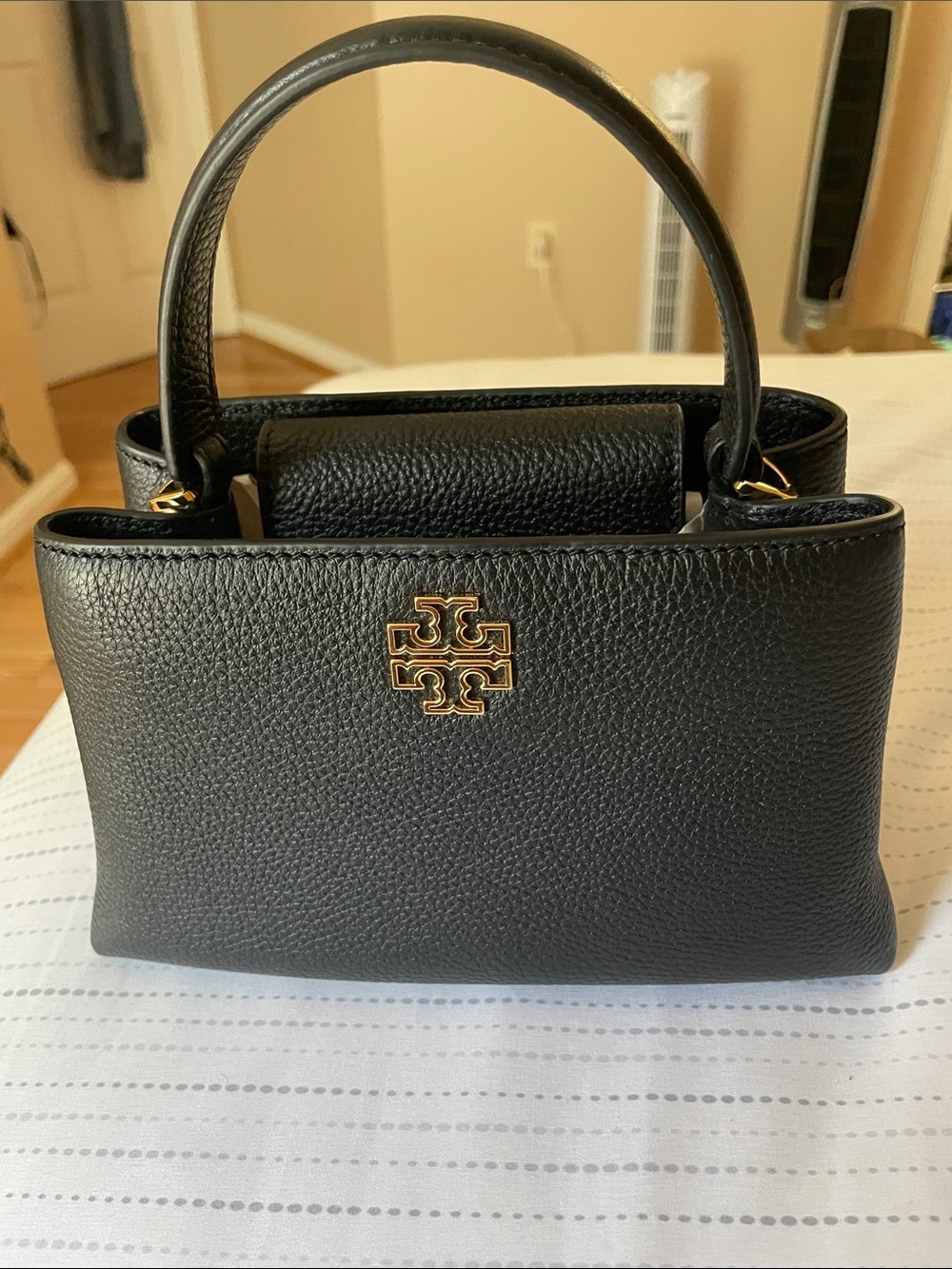 Tory Burch Black Pebbled Leather Top-Handle Satchel with Gold Logo